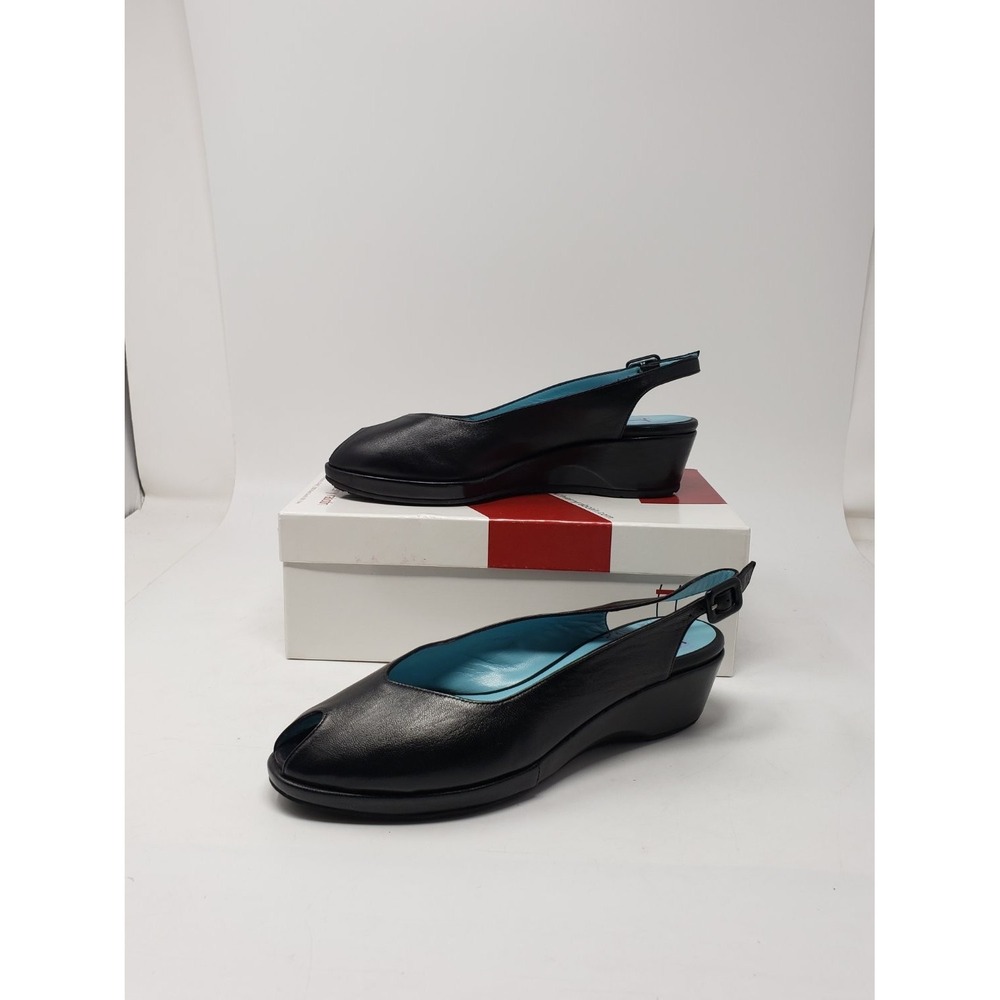 US 7.5 Thierry Rabotin Black Leather Peep Toe Wedge Slingback Sandals Womens EU